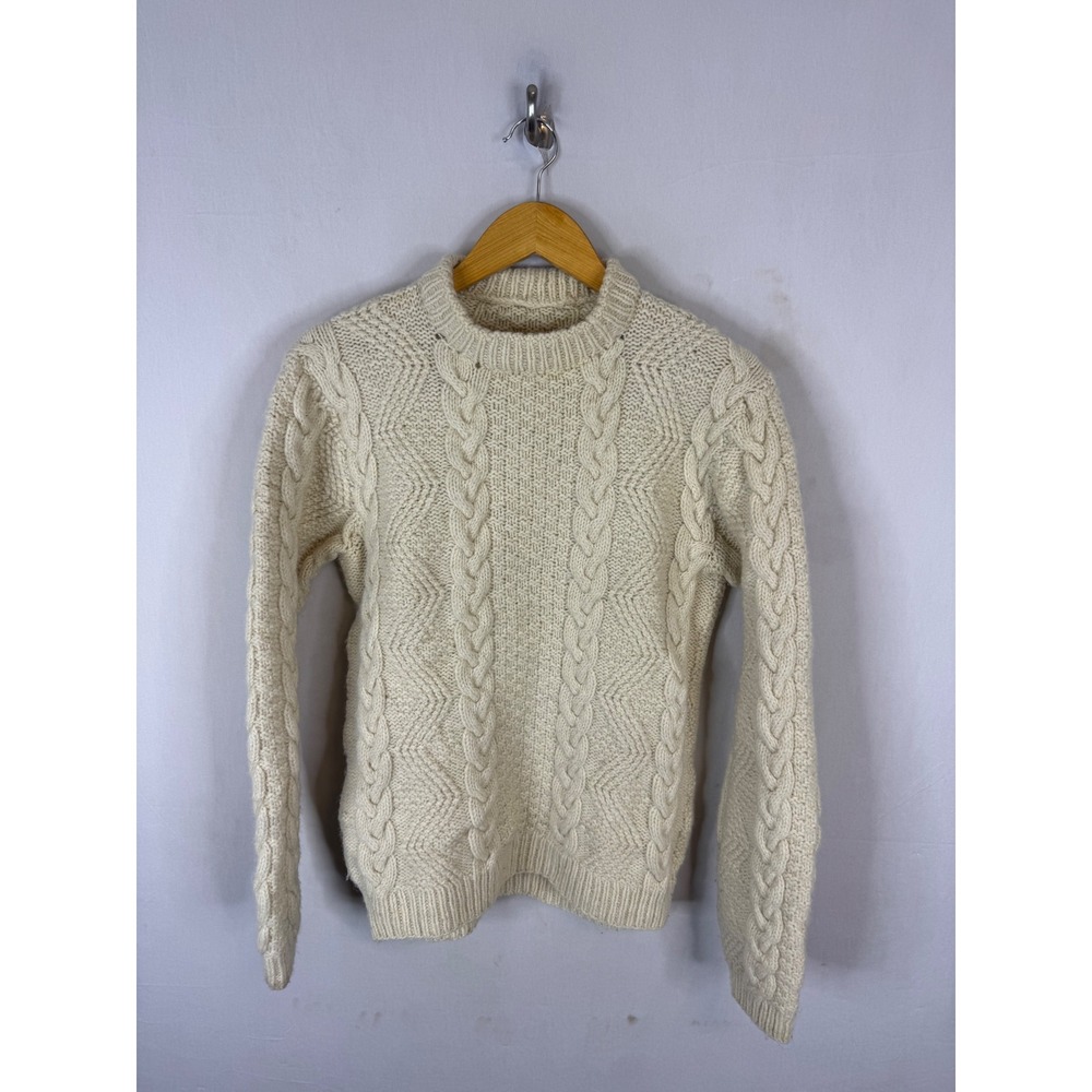 Vintage Cream Cable Knit Wool Sweater Chunky Fisherman Crewneck Handmade Cream